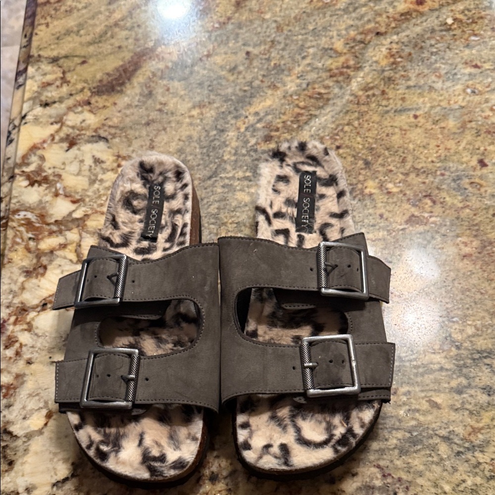 Sole Society Charcoal Sandals with Animal Print Insole